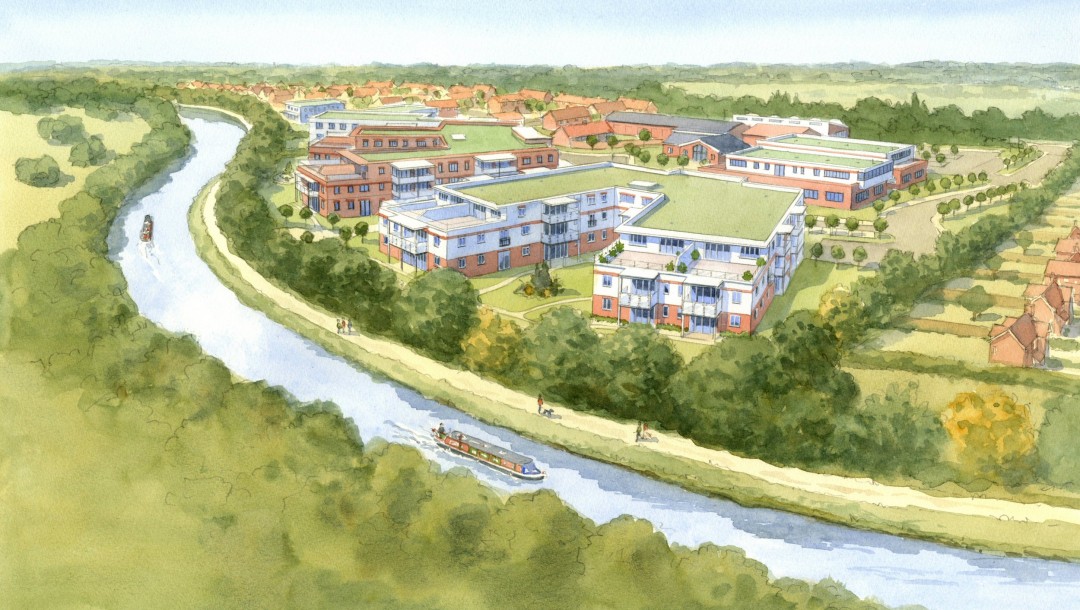 Aerial watercolour canal-side retirement village