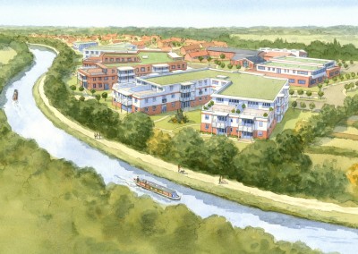 Aerial watercolour canal-side retirement village