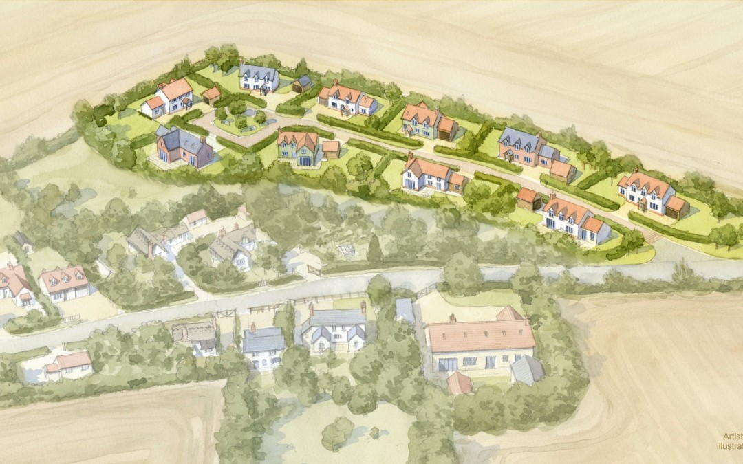 Aerial illustration of housing development in existing village setting