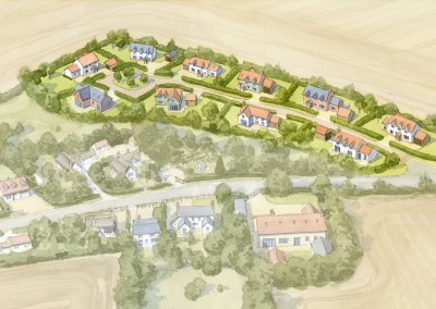 Aerial illustration of housing development in existing village setting