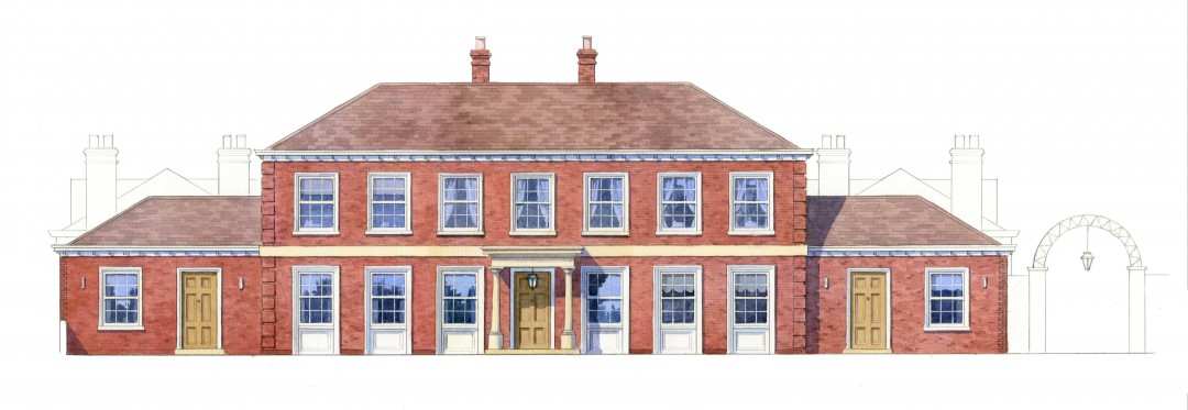Watercolour elevation of neo-classical house front facade