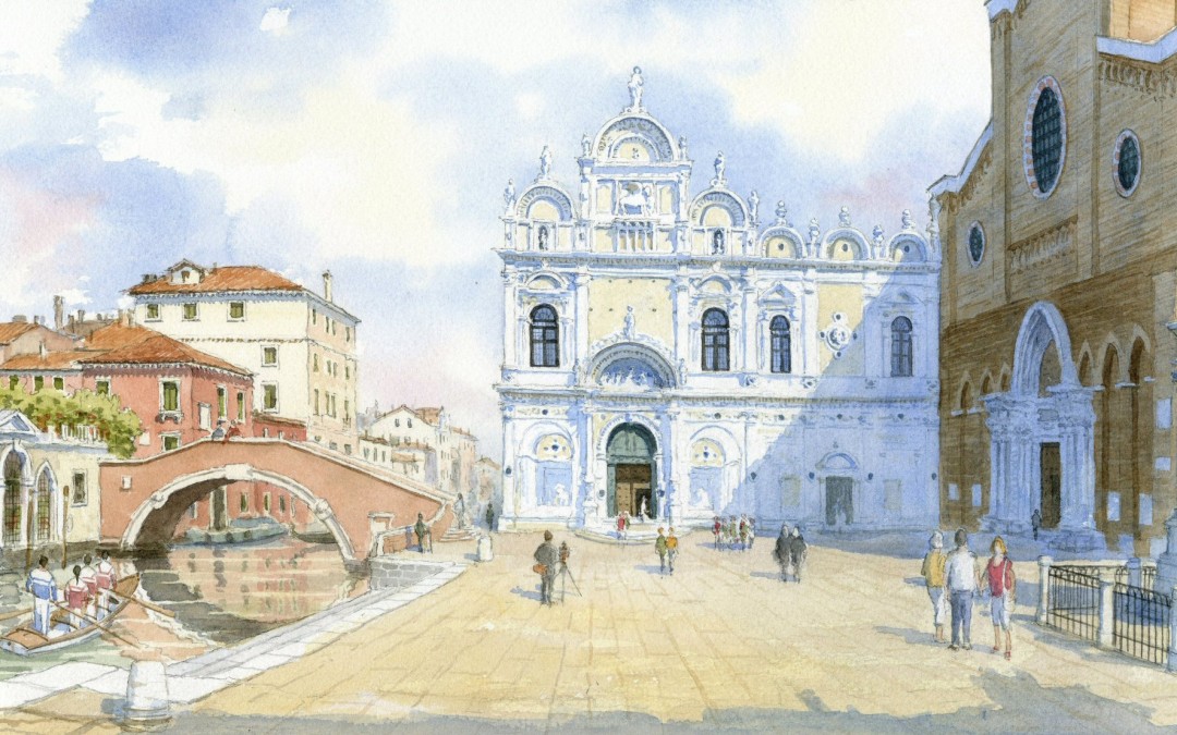 A watercolour painting of Campo SS Giovanni e Paulo, Venice