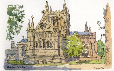 Pen and watercolour sketch of Hereford Cathedral