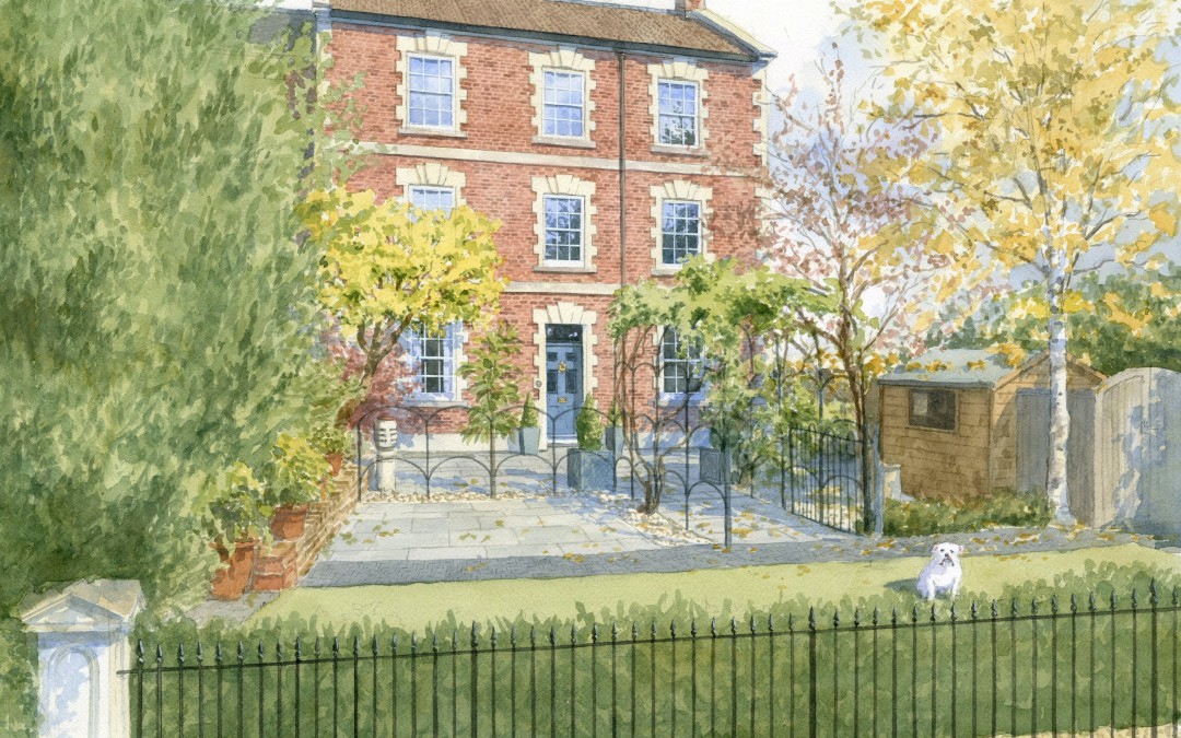 House portrait in watercolour of Georgian three-storey house and garden