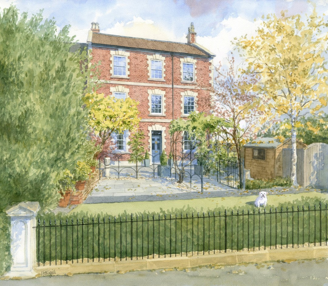 House portrait in watercolour of Georgian three-storey house and garden