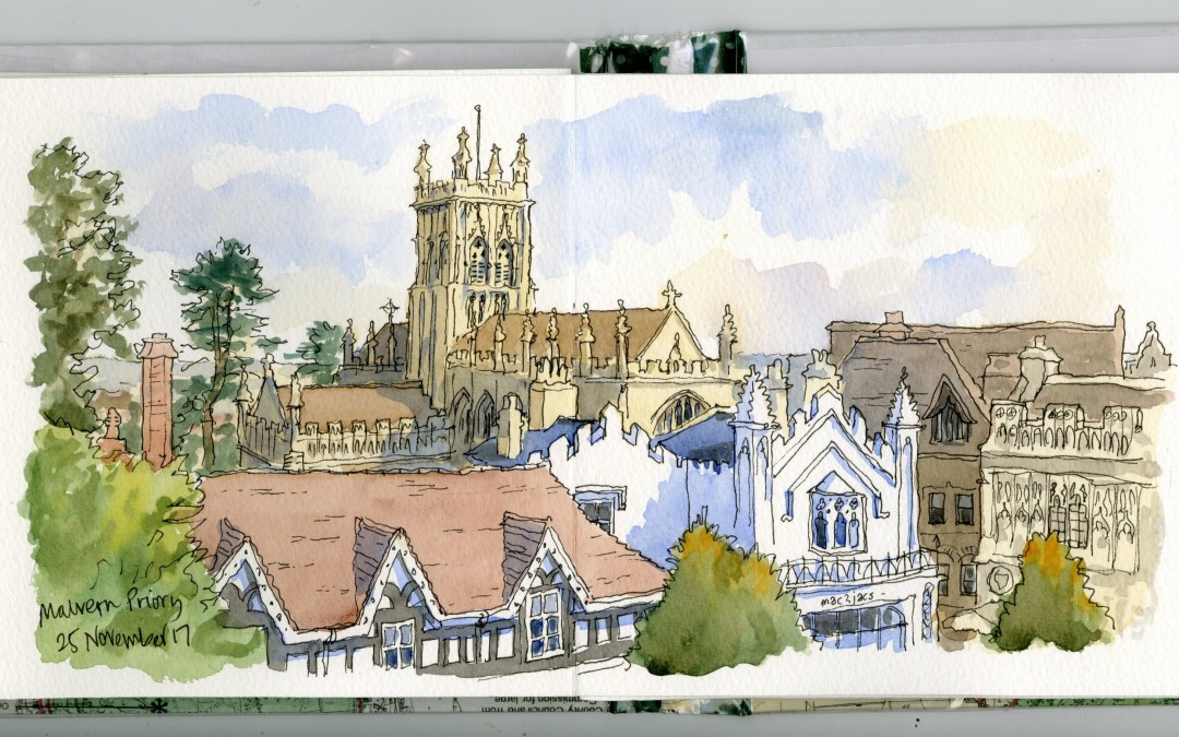 Pen and watercolour sketch of Malvern Priory