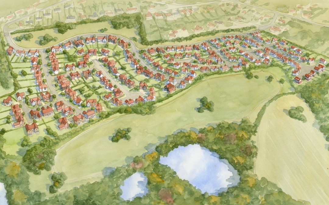 Aerial watercolour view of housing development