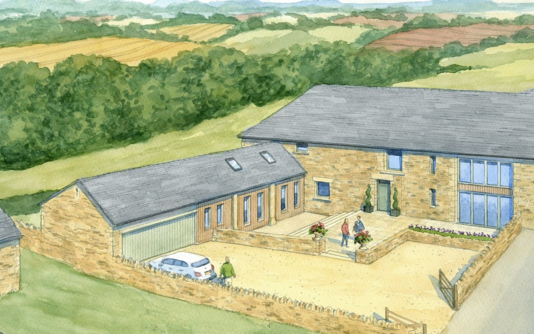 Cotswolds Barn Conversion shown in its setting from aerial perspective