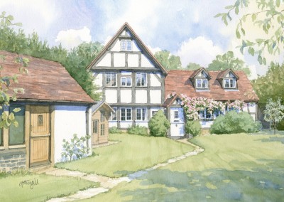Watercolour portrait of half-timbered house from garden view