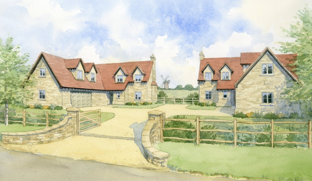 Artist impression of two identical (mirrored) stone houses in one development
