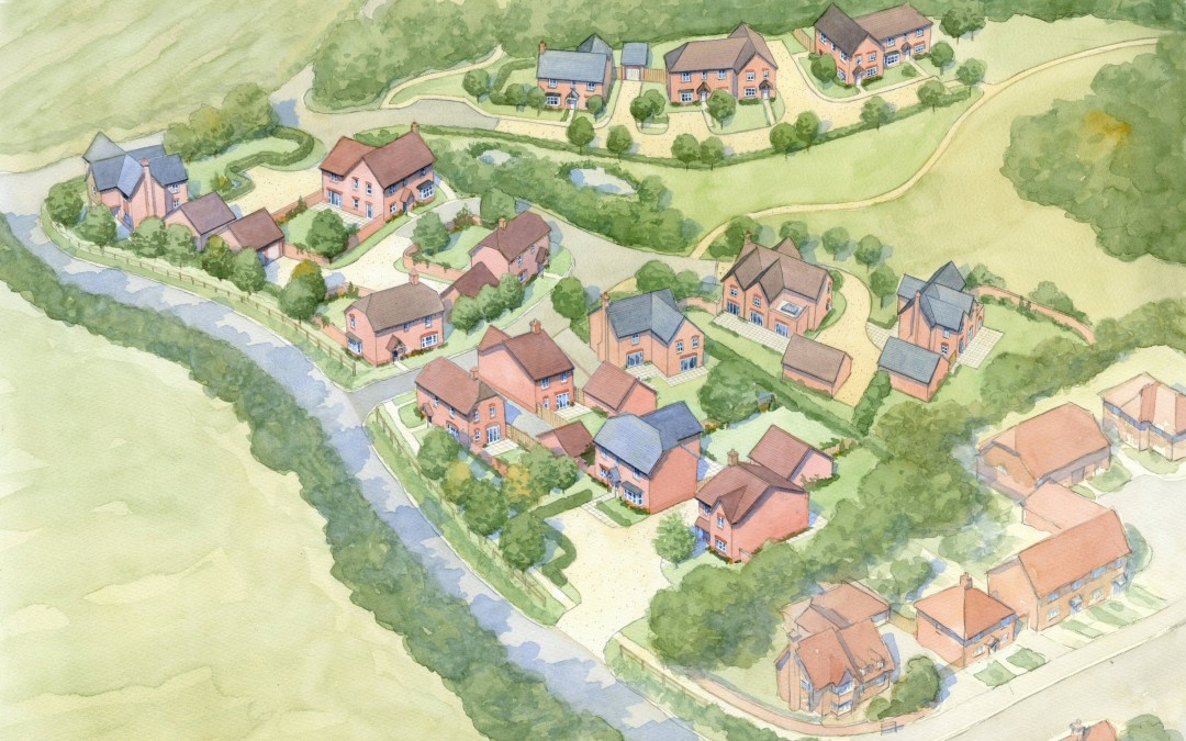Aerial view of new residential development in village setting