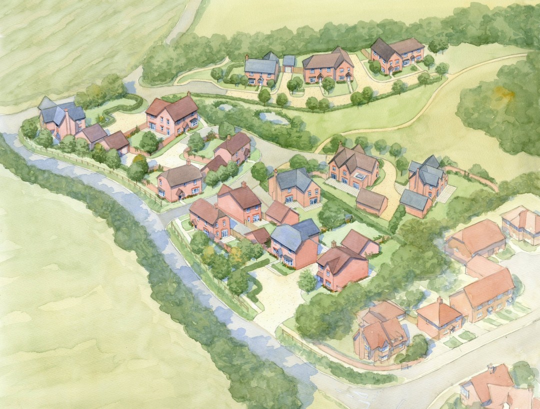 Aerial view of new residential development in village setting