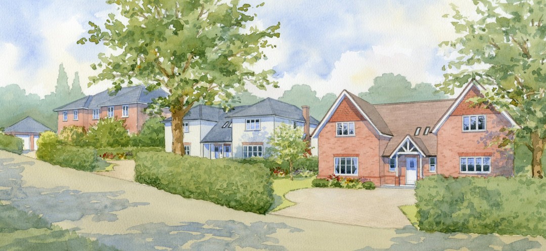 Detached houses in sloping country lane setting