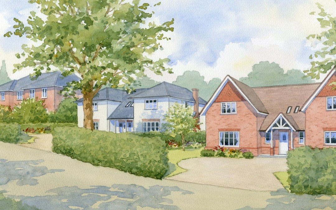 Detached houses in sloping country lane setting