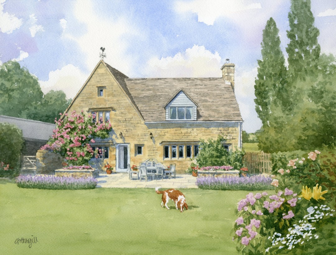 Cotswold stone house with spaniel in garden