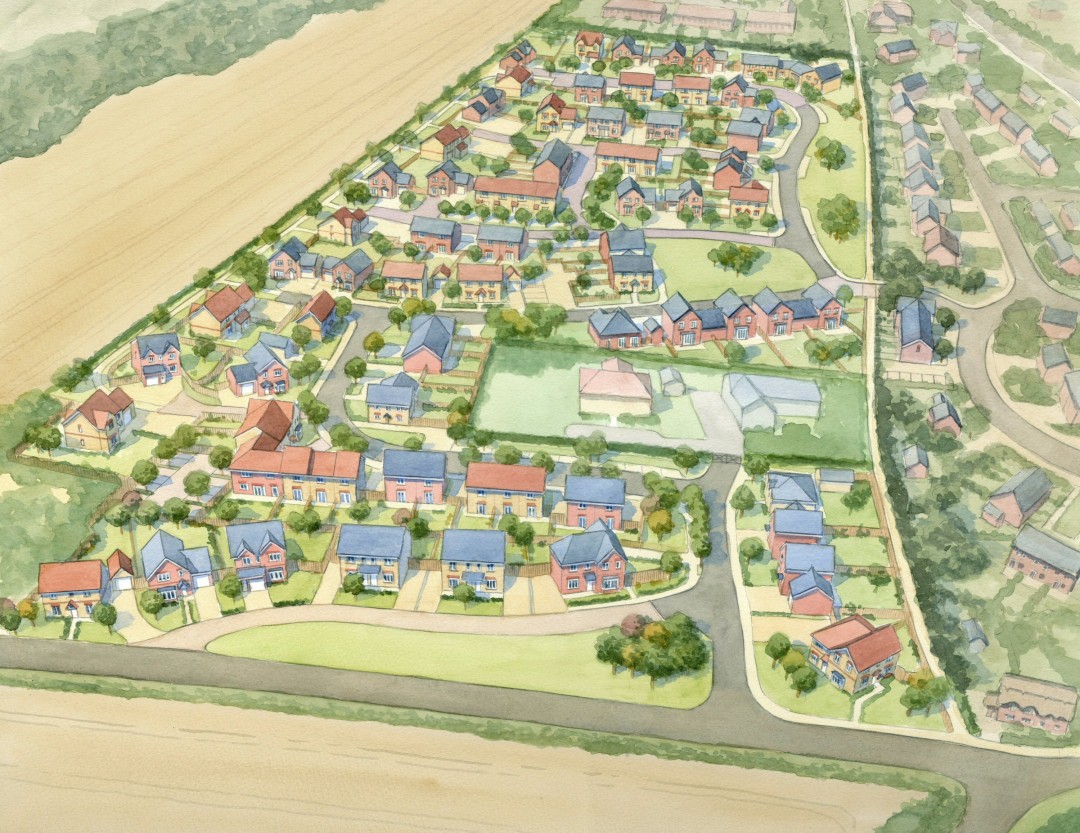 Aerial perspective view of proposed housing development 100 units in rural setting
