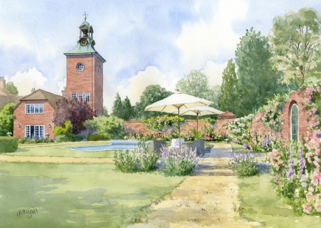 House with clock tower, walled garden and pool