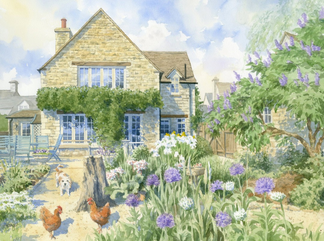 House portrait with hens and pet dog