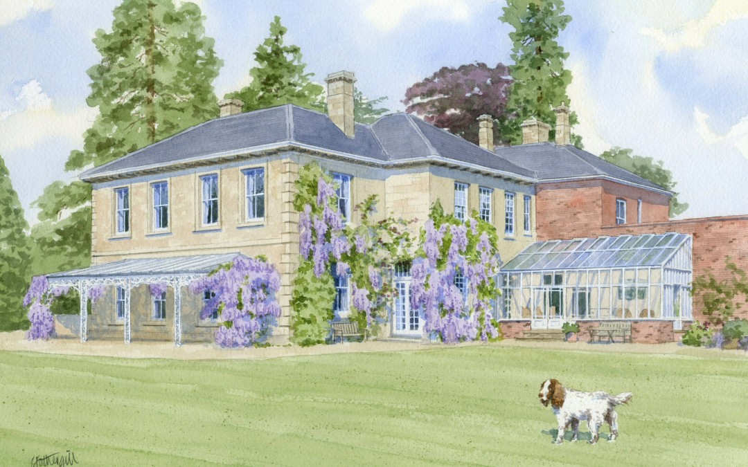 House portrait with wisteria and spaniel