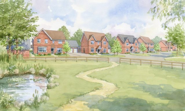 Street view in a village green setting Watercolour artist impression of proposed street view in a village green setting with pond.