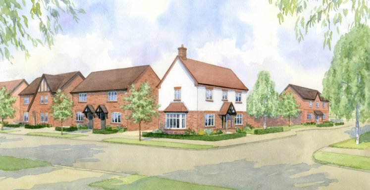 Street view new build family homes Watercolour artist impression street view for major house builder to showcase new house types.