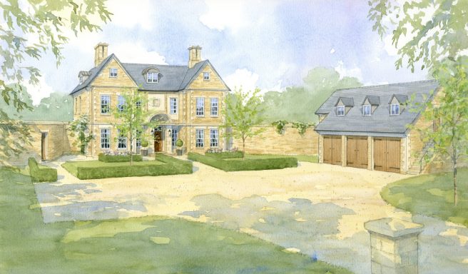 Large stone house with garages in courtyard setting A large, elegant house with a landscaped garden and a double garage.