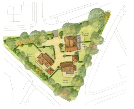 Watercolour site plan three houses Watercolour site plan showing three houses in private residential development.