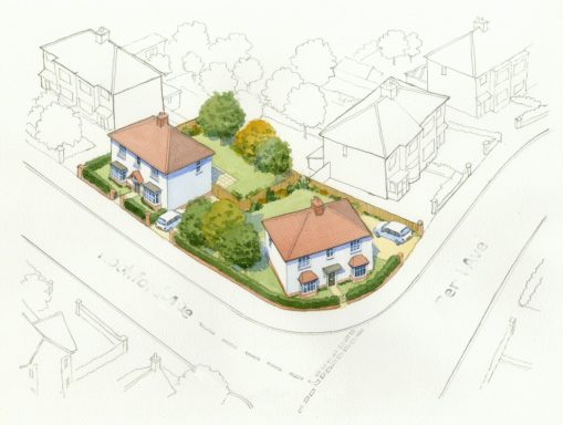 Two new detached villas on corner plot Watercolour aerial artist impression of two proposed detached villas in the setting of a corner plot.