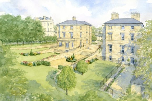 Bath stone apartment buildings Watercolour artist impression of new Bath stone apartments showing layout of rear gardens.