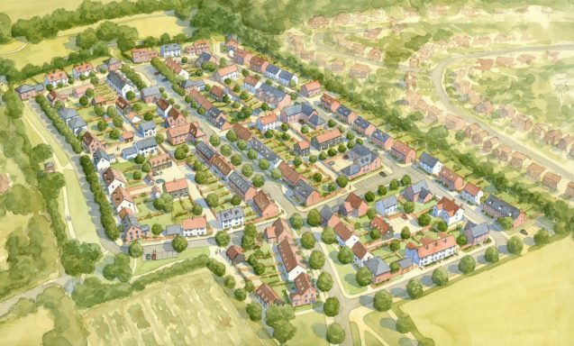 Larger residential development aerial view Watercolour aerial artist impression of larger residential development on edge of countryside.