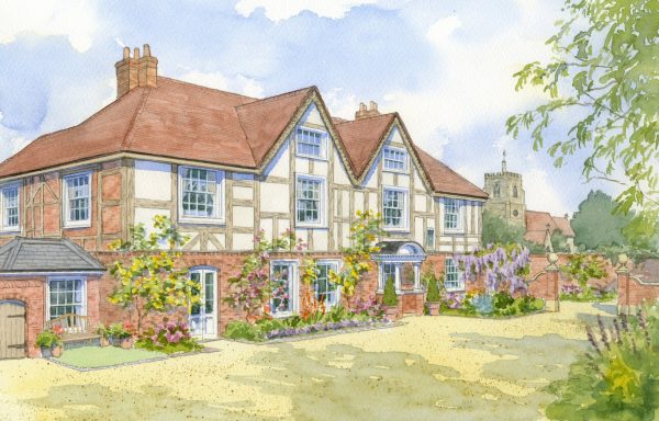Victorian Rectory with restored facade Watercolour artist impression of Old Rectory with half-timbered facelift