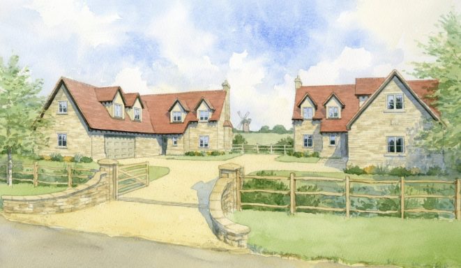Artist impression of pair of stone houses Watercolour artist impression of two identical (but mirrored) stone houses in private development