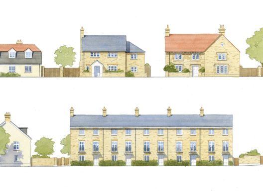 Watercolour illustration of street elevation. Illustration of various types of houses with distinct styles and colours.