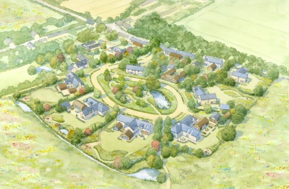 Aerial view of village style development Watercolour aerial artist impression of proposed village style development with environmentally conscious garden layouts.