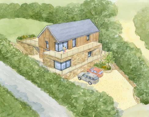 New contemporary house on sloping site Collection of charming houses with varied designs and gardens, illustrated in watercolour.
