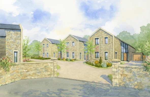 Contemporary new-build stone houses street view Watercolour artist impression of contemporary stone house within private development as a street view.