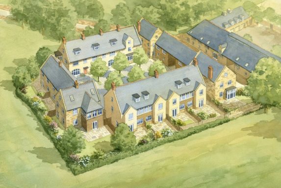 Courtyard residential development Watercolour artist impression aerial view of courtyard residential development