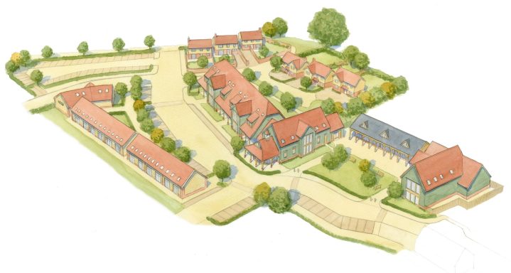 Aerial view of community centre development Aerial view of a residential complex with houses, gardens, and pathways.
