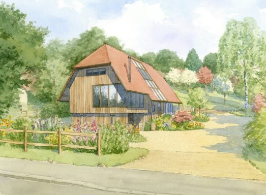Barn style new build house with country garden Modern house with a sloped roof, surrounded by gardens and trees.
