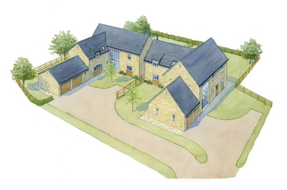 Watercolour aerial view of stone barn conversion houses Illustration of a modern residential development with multiple houses and surrounding greenery.