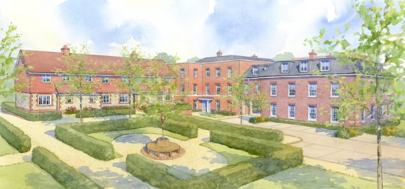 Residential apartments around a green Watercolour artist impression of residential apartments around communal green area.