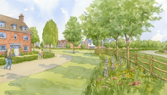 Street view with meadow edge Watercolour artist impression of street view with meadow planting at edge of residential development.