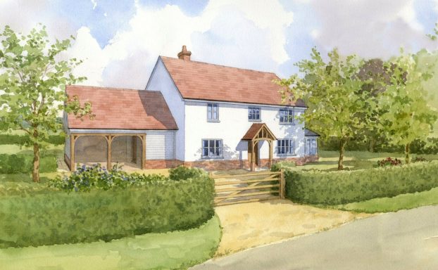 House with white render on country lane Watercolour artist impression of proposed cottage on country land