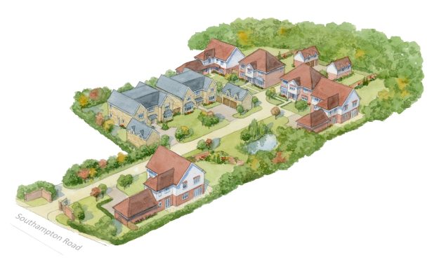 Aerial watercolour artist impression mixed styles housing development Aerial view of a residential development with houses and landscaped gardens.