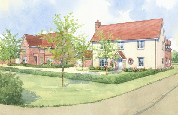 Street view mixed architectural styles Watercolour artist impression street view of new build houses in traditional mixed styles.