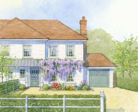 White rendered house with wisteria Watercolour artist impression of house type with white render, planting and climbing wisteria.