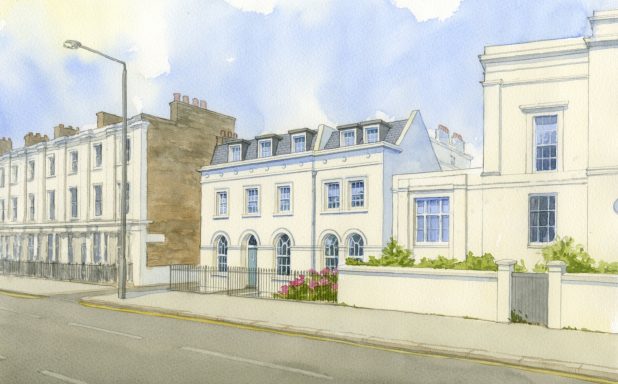 London House with Mansard roof Watercolour artist impression of London House with white render, mansard roof with dormer windows.