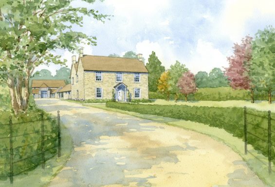Cotswold stone house with private drive Watercolour artist impression of Cotswold stone house with long private drive.
