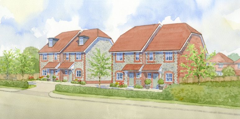 Watercolour street view flint and brick houses Two semi-detached houses with red roofs, surrounded by greenery and a road.