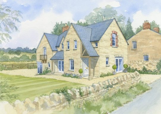 New build Cotswold stone house Watercolour artist impression of new build Cotswold stone house with dry stone wall.